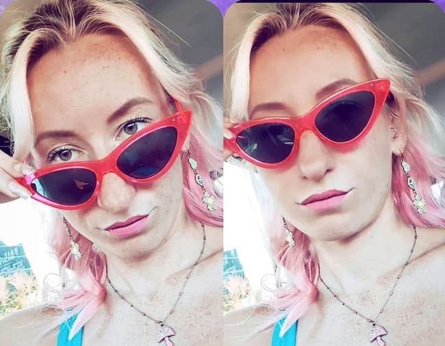 a reviewer in pink cat eye sunglasses
