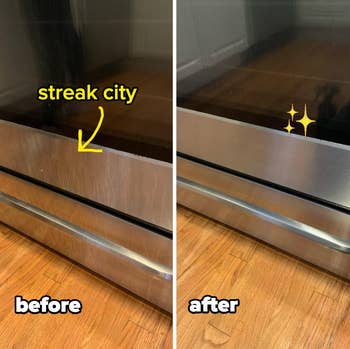 A customer review photo showing before and after using the polish on their oven
