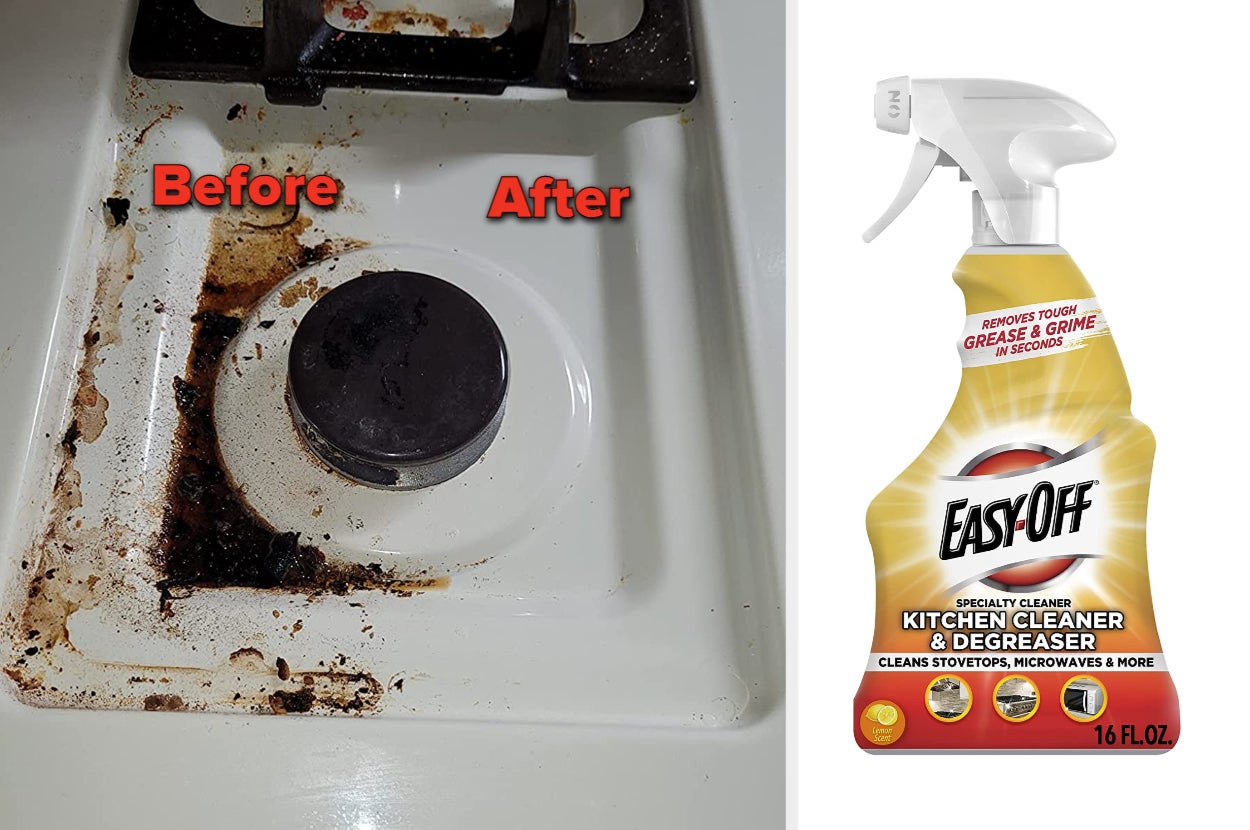 Reviewer image of stove top with half grease and half clean, bottle of product that reads 