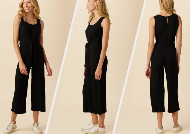 Three images of a model wearing the black jumpsuit