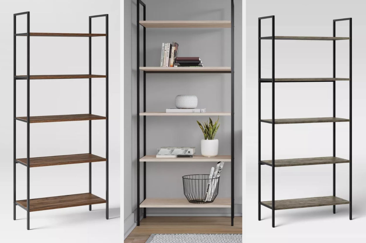 Dark brown and black five-tier ladder bookshelf on a white background, product in light wood and black with books and pots stacked on each level, product in gray wood and black on a white background