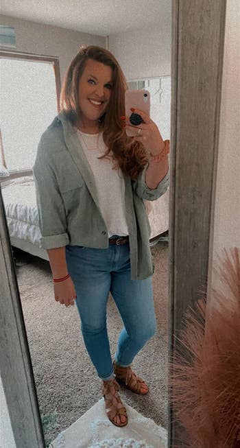 reviewer mirror selfie wearing sage green shacket