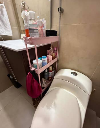 Bathroom with retention cart holding assorted toiletries and cleaning supplies adjacent to a toilet