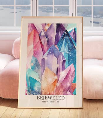 Abstract art poster with geometric shapes resembling crystals, titled 