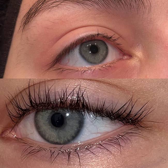 before and after reviewer images of a reviewer's sparse eyelashes becoming full