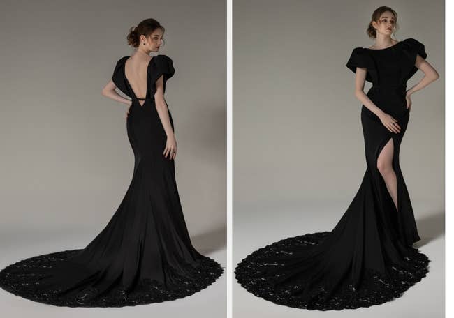 Two images of model wearing black wedding dress with long train