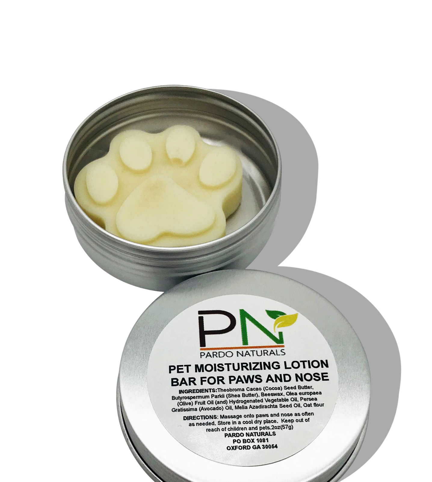a tin with a paw-shaped moisturizing bar