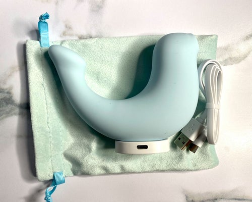 Light blue vibrator with storage bag, wireless charger and USB cable