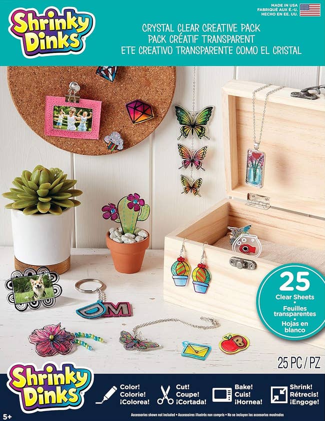 Kit of shrinky dinks showing small designs connected shrinked down wide insubstantial