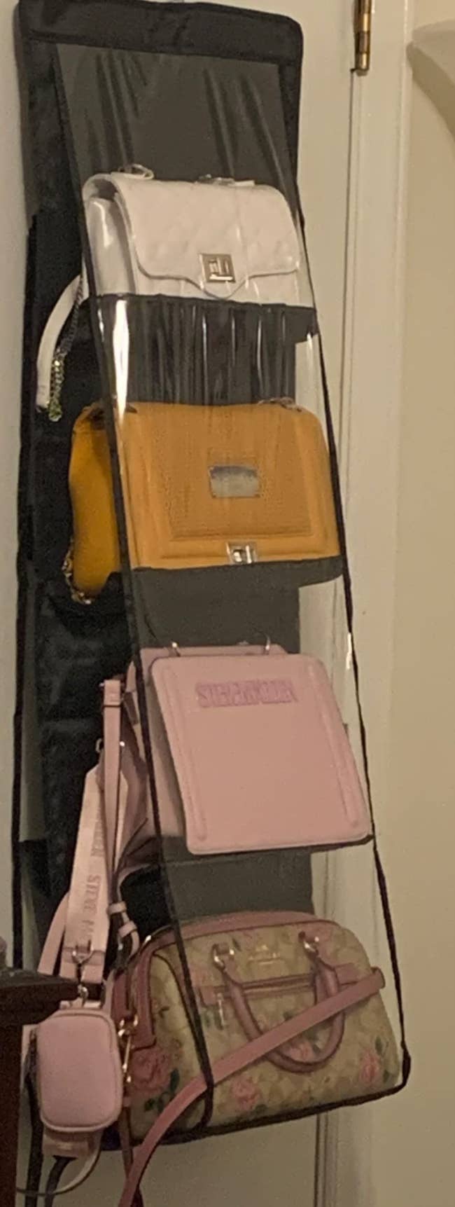 Hanging purse organizer displays assorted handbags connected the backmost of a door