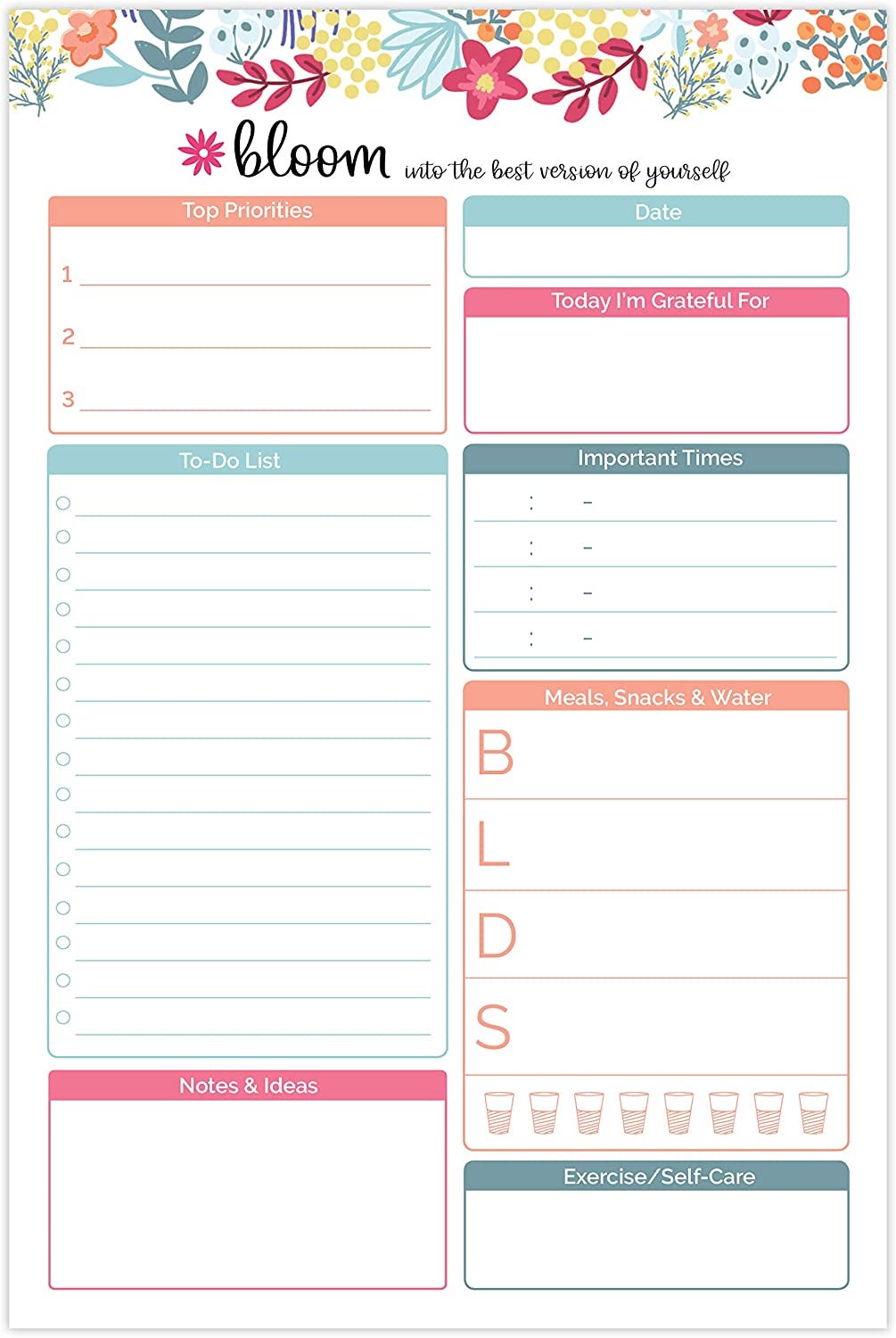 The pad with spots for top priorities, to-do list, notes & ideas, date, important times, meals, snacks, and water, and exercise/self-care