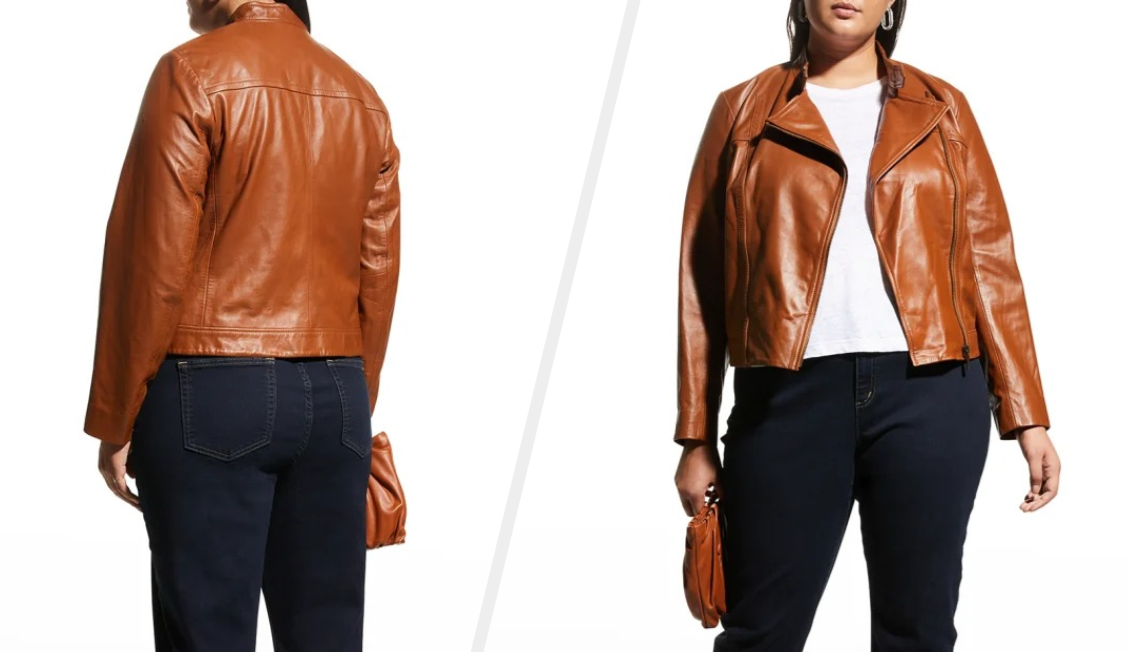 Two images of a model wearing the brown jacket