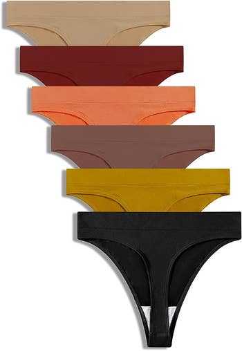 the thongs in six colors including black, green, red, brown and camel