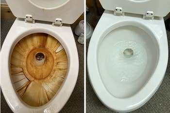 A before and after pic of a toilet bowl with tons of brown hard water stains and then clear and without them