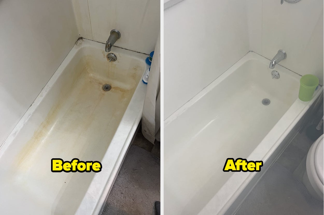 a reviewer's bathtub before and after using The Pink Stuff
