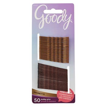 product image of the bobby pins in packaging, light and dark brown