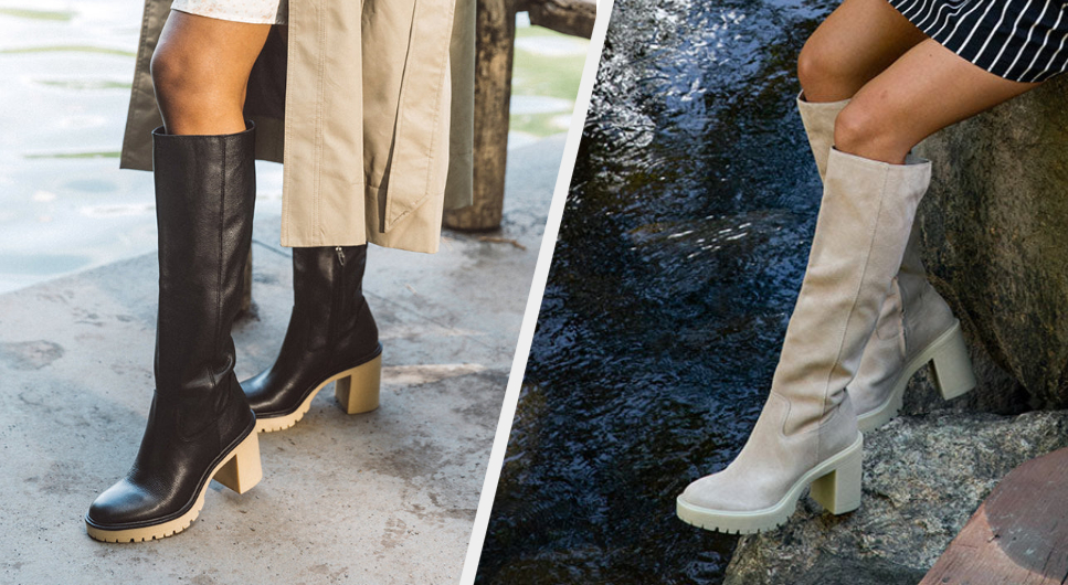 Two images of models wearing black and beige boots