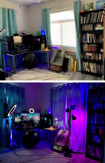 Home bureau setup with dual monitors, a microphone, a ringing light, and bookshelves. Before and aft lighting translation shows a cozy, organized space