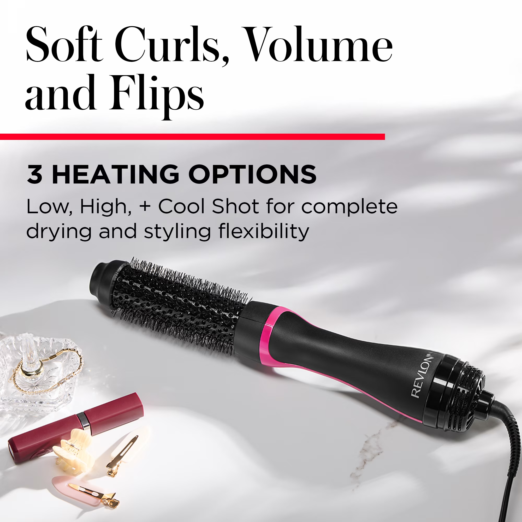Revlon blistery  aerial  brushwood  with 3  heating options for styling, surrounded by decorative items, promoting brushed  curls and volume