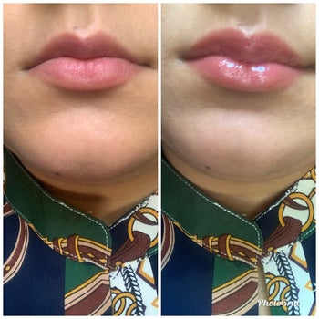 a reviewer's lips before and after using the plumping product