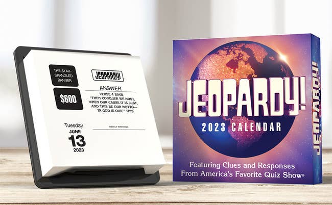 the jeopardy desk calendar on a desk 