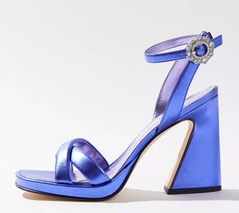 profile of the blue heel, which has a jeweled buckle