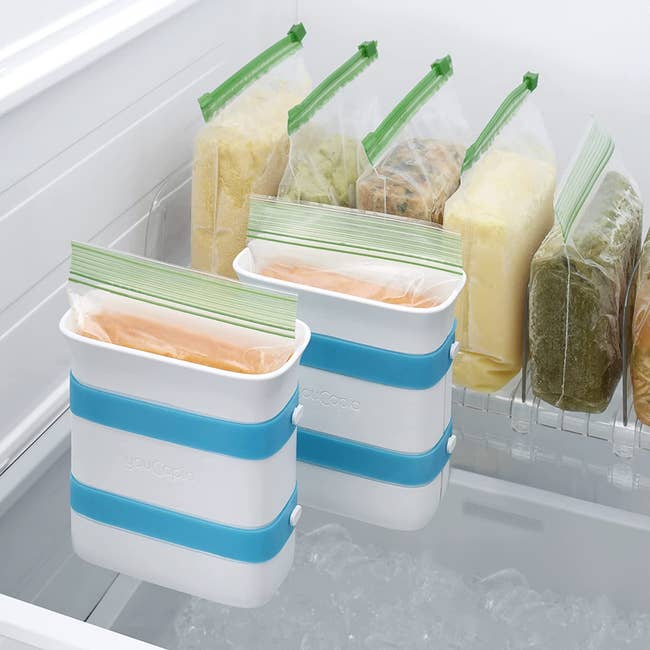freezer with ziplock bags of frozen food upright