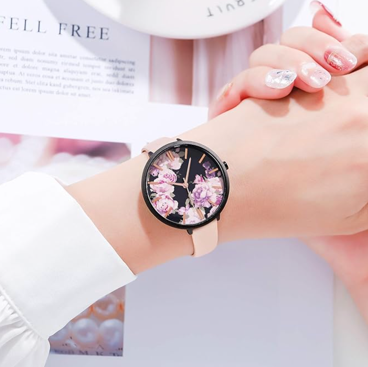 model wearing the ticker  with a achromatic  ticker  face