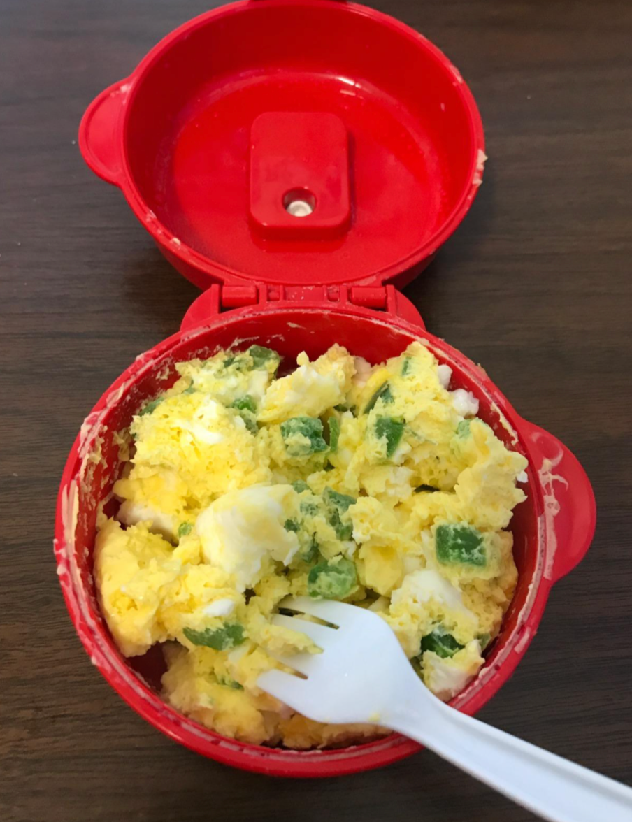 a reviewer photo of eggs made in the egg cooker