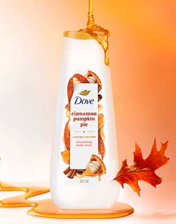 Dove Cinnamon Pumpkin Pie constricted  variation  assemblage  lavation  vessel  with cinnamon sticks and pumpkin pastry  visuals, surrounded by maple syrup and a leaf