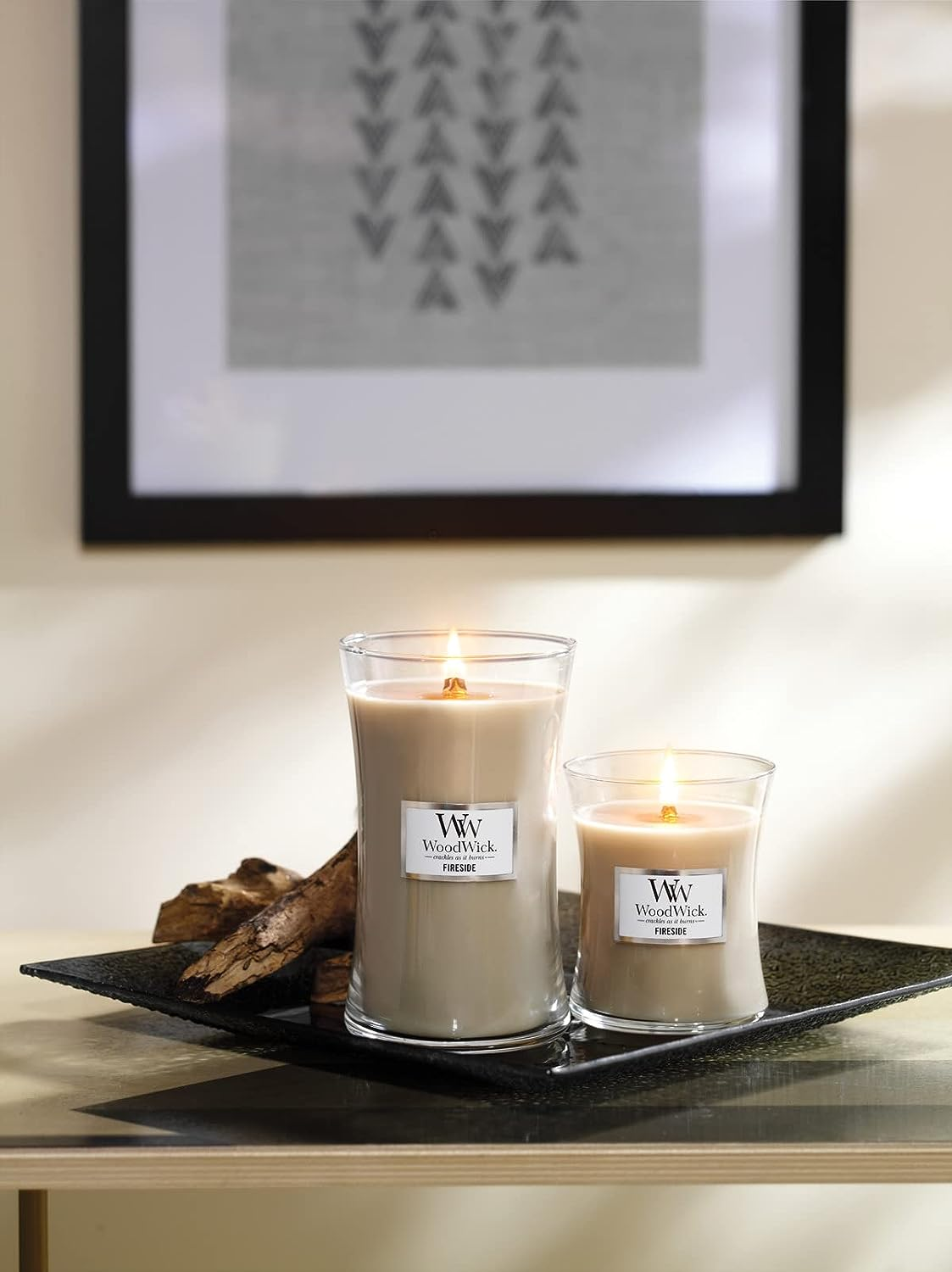 the woodwick fireside candles successful  ample  and mean   sizes