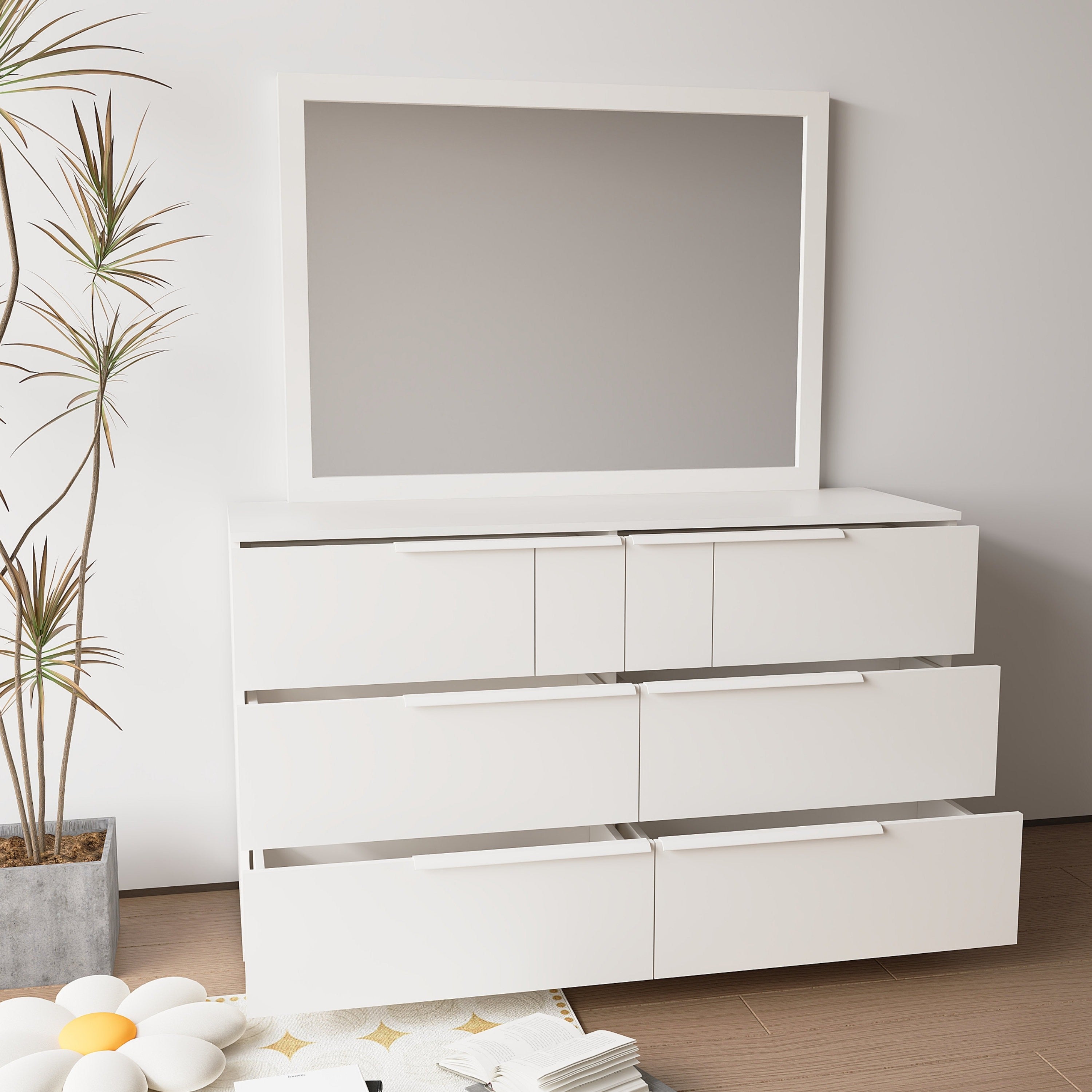 six drawer white dresser with a built in mirror above it