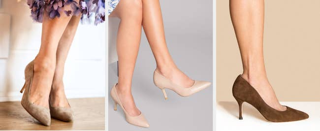 Three images of suede and leather nude heels