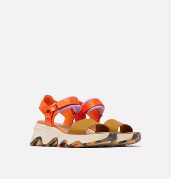 orange, purple, and tan wedge strappy sandals
