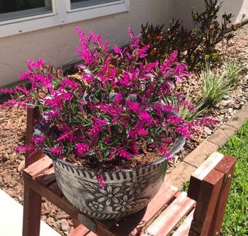 reviewer photo of the pink faux flowers in a pot