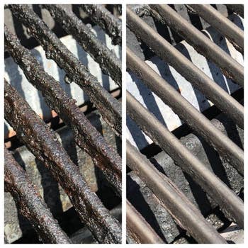 reviewer before and after of dirty grill grates that have been brushed clean