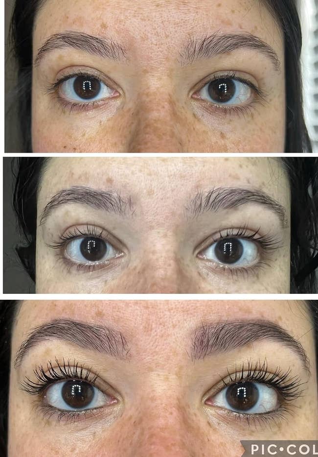 reviewer's lashes before and after using lash lift kit