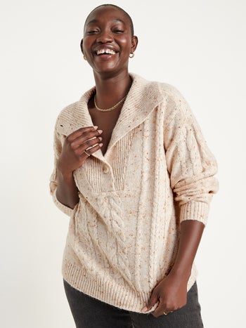 model wearing oatmeal speckled button-front sweater