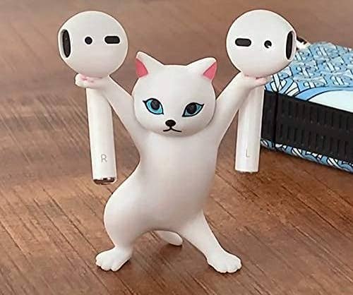  small white dancing cat figure popping up a pair of AirPods