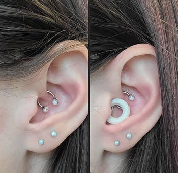 side by side images of reviewer's pierced ear with and without the white earplug placed inside