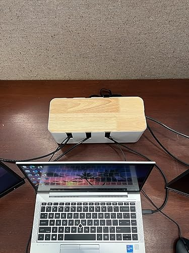 Laptop on desk connected to wooden cable organizer; wires neatly stored inside, with palm tree wallpaper on screen