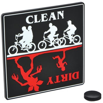 the sign with one side that says clean with the kids on bikes and the other says dirty with a kid being chased by a demogorgon