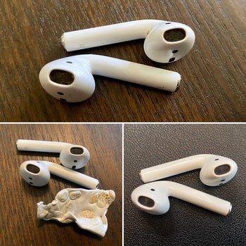 a trio of images: a before photo of reviewer's dirty airpods, an after photo of their clean airpods, and a photo of airpods next to the cleaning putty, which has flecks of earwax on it