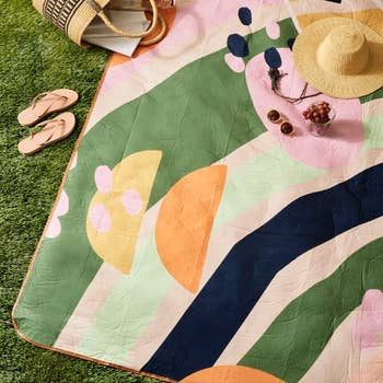 lifestyle image of graphic print picnic blanket on the grass