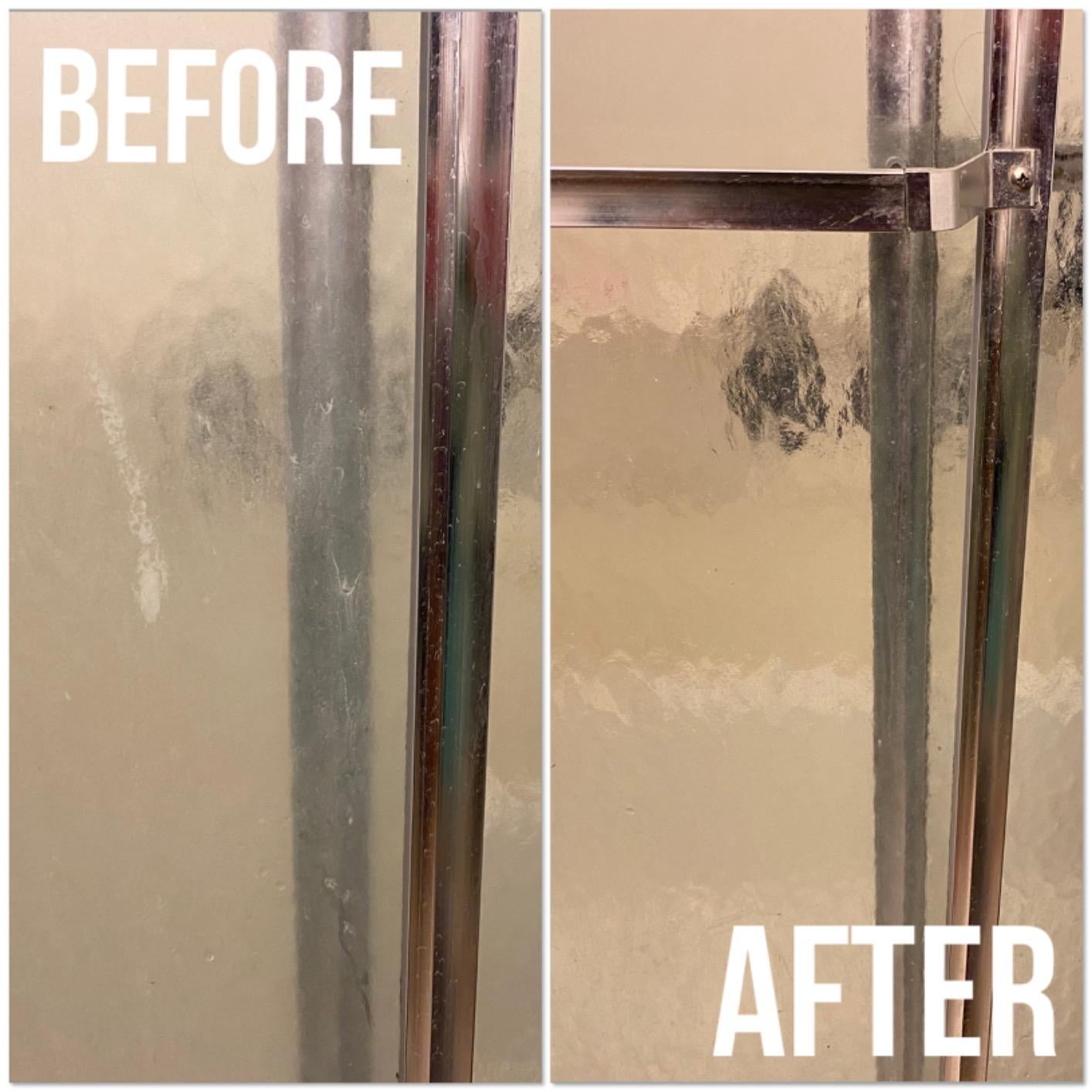 reviewer before and after showing a glass shower door caked in soap scum, next to the same door looking much cleaner