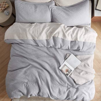 overhead shot of the gray duvet cover on a bed