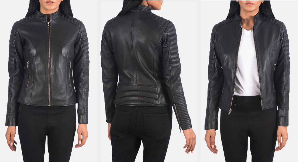 Three images of a model wearing the black jacket