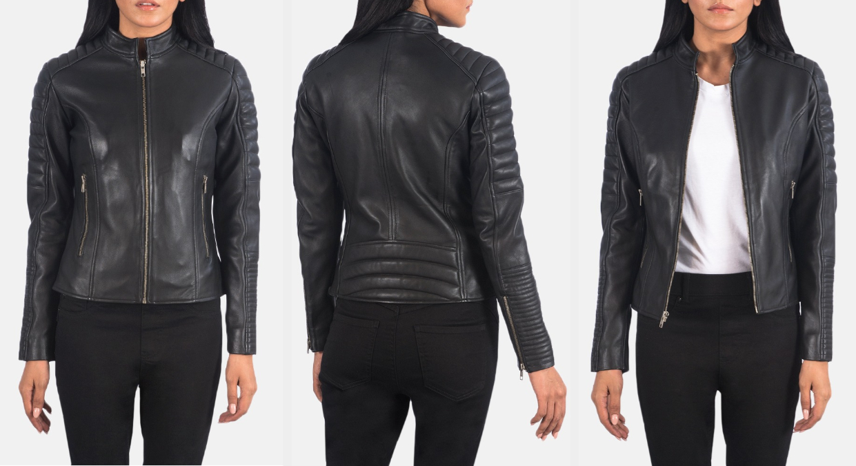 Three images of a model wearing the black jacket