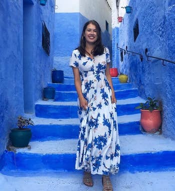 Reviewer wearing blue and white boho dress