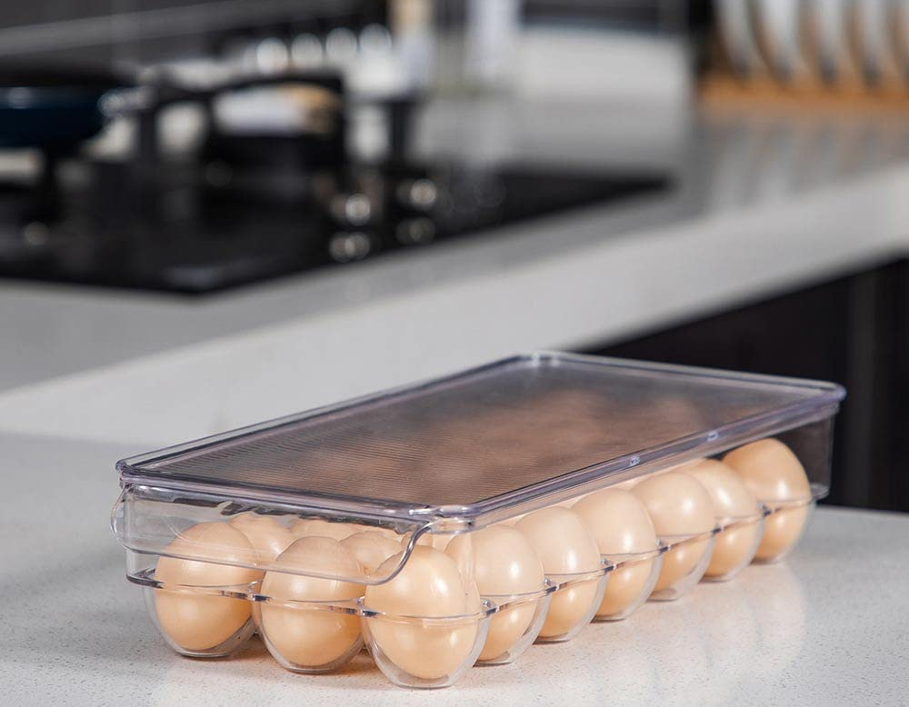 Vtopmart 2 pack Egg Holder for fridge 14 eggs Stackable Plastic Egg Tray lid